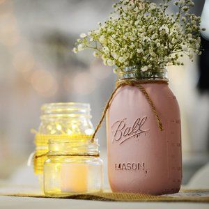 Mason Jar Trio Pink Burlap Lace Wedding Handmade